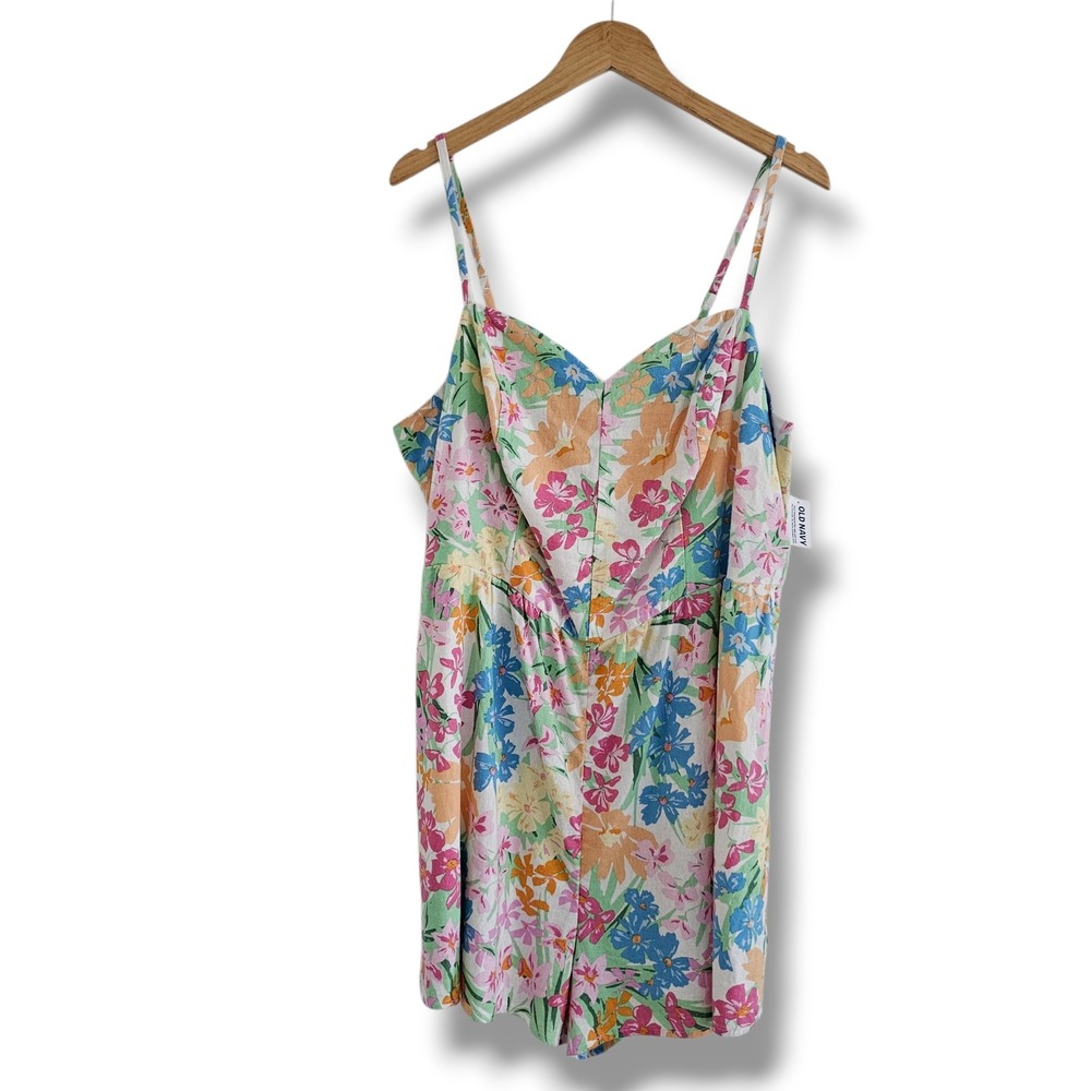 Old Navy Linen Romper 2X Womens Floral Smocked Pockets Boho Cottage Beach Cruise